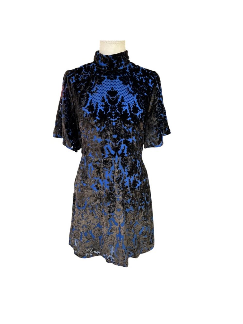 Anthropologie Mock-Neck Keyhole Back Velvet Mini Dress Blue Black Size 4